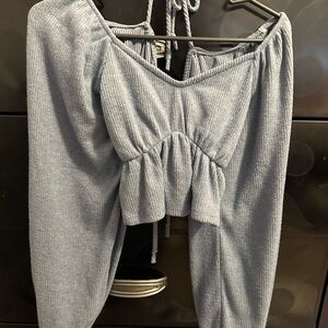Grey-Blue Ribbed Open Tie Back Top